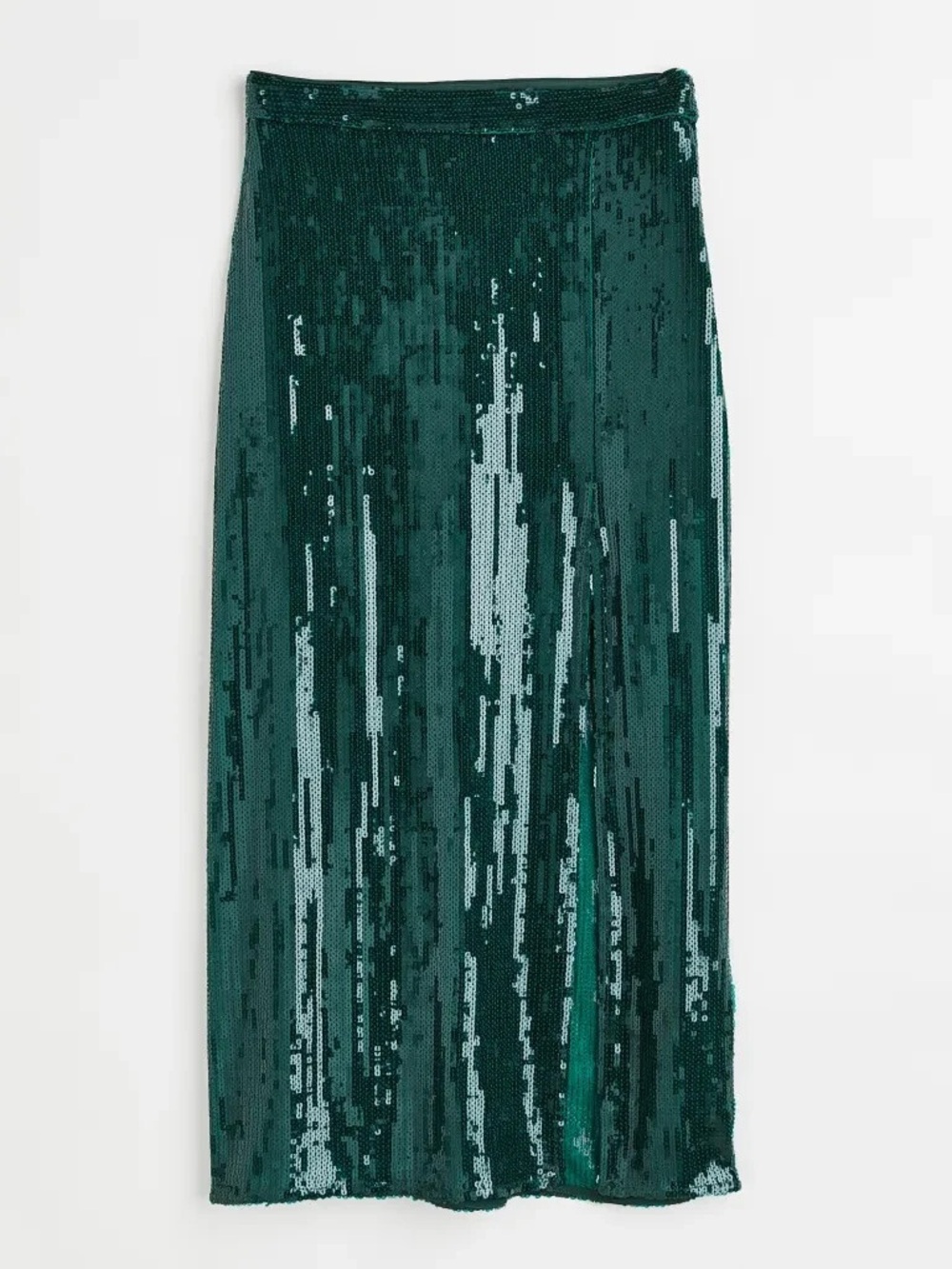 Green Liquid Like Sequin Midi Skirt with Side Slit